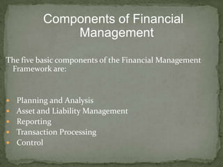 Components of Financial
               Management

The five basic components of the Financial Management
 Framework are:


   Planning and Analysis
   Asset and Liability Management
   Reporting
   Transaction Processing
   Control
 