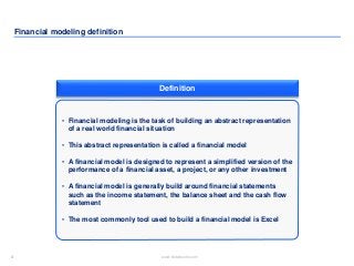 4 www.slidebooks.com4
Financial modeling definition
• Financial modeling is the task of building an abstract representatio...