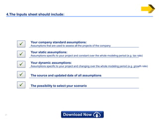 2121
4.The Inputs sheet should include:
 Your company standard assumptions:
Assumptions that are used to assess all the projects of the company

Your static assumptions:
Assumptions specific to your project and constant over the whole modeling period (e.g. tax rate)
 Your dynamic assumptions:
Assumptions specific to your project and changing over the whole modeling period (e.g. growth rate)
 The source and updated date of all assumptions
 The possibility to select your scenario
 