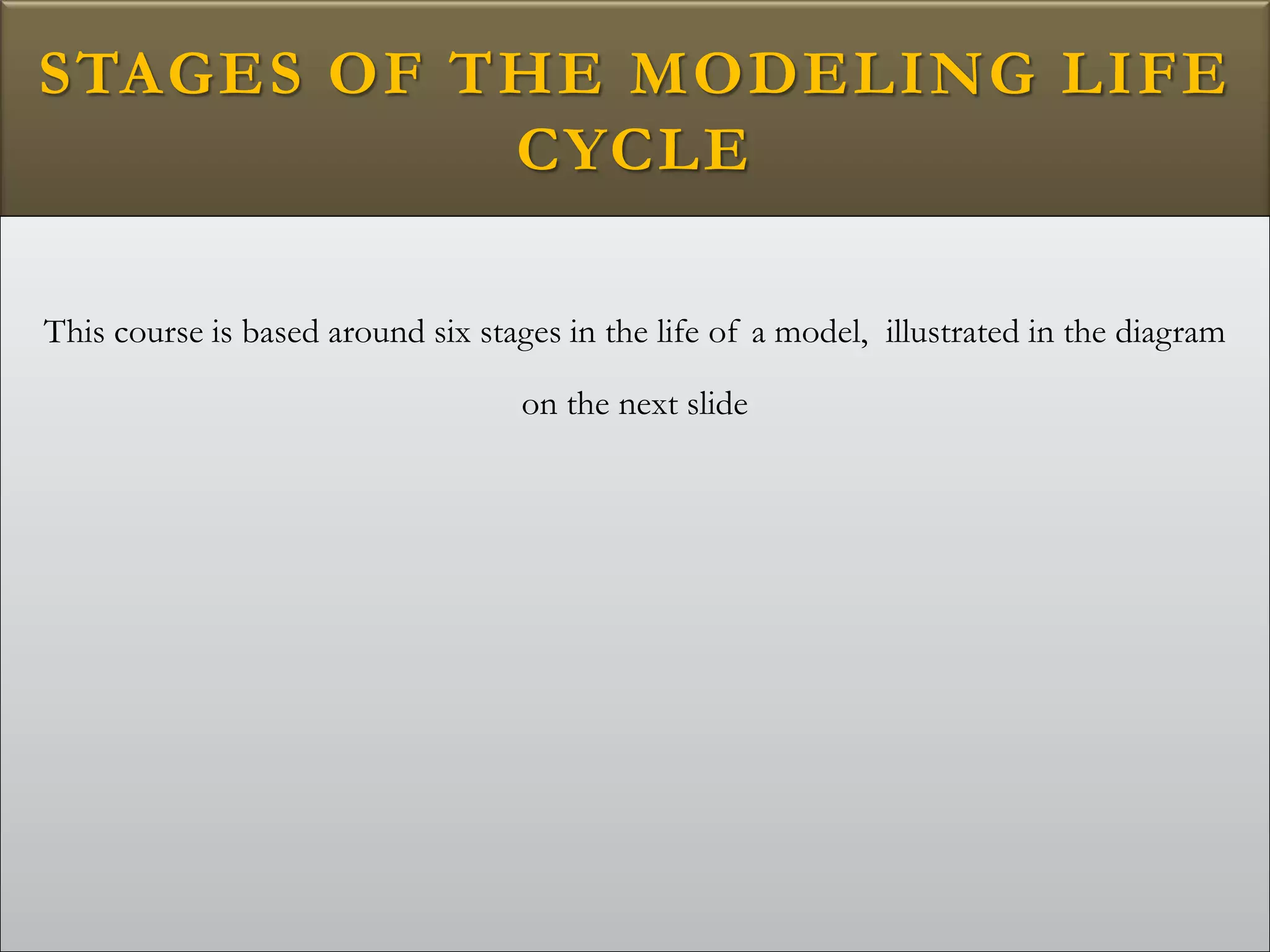 STAGES OF THE MODELING LIFE
CYCLE
This course is based around six stages in the life of a model, illustrated in the diagram
on the next slide
 