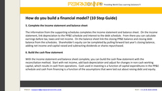 Providing World Class Learning Solutions!!!
E m a i l : s u p p o r t @ p r e p a r a t i o n i n f o . c o m C a l l : + 1 - 5 1 8 - 6 3 5 - 8 4 5 6
How do you build a financial model? (10 Step Guide)
5. Complete the income statement and balance sheet
The information from the supporting schedules completes the income statement and balance sheet. On the income
statement, link depreciation to the PP&E schedule and interest to the debt schedule. From there you can calculate
earnings before tax, taxes and net income. On the balance sheet link the closing PP&E balance and closing debt
balance from the schedules. Shareholder’s equity can be completed by pulling forward last year’s closing balance,
adding net income and capital raised and subtracting dividends or shares repurchased.
6. Build the cash flow statement
With the income statement and balance sheet complete, you can build the cash flow statement with the
reconciliation method. Start with net income, add back depreciation and adjust for changes in non-cash working
capital, which results in cash from operations. Cash used in investing is a function of capital expenditures in the PP&E
schedule and cash from financing is a function of the assumptions that were laid out about raising debt and equity.
 