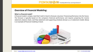 Providing World Class Learning Solutions!!!
E m a i l : s u p p o r t @ p r e p a r a t i o n i n f o . c o m C a l l : + 1 - 5 1 8 - 6 3 5 - 8 4 5 6
Overview of Financial Modeling:
What is a financial model?
A financial model is simply a tool that’s built in Excel to forecast a business’ financial performance into the future.
The forecast is typically based on the company’s historical performance and requires preparing the income
statement, balance sheet, cash flow statement and supporting schedules (known as a 3 statement model). Below
is an example of financial modeling in Excel:
 