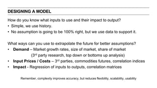 How do you know what inputs to use and their impact to output?
• Simple, we use history.
• No assumption is going to be 100% right, but we use data to support it.
What ways can you use to extrapolate the future for better assumptions?
• Demand – Market growth rates, size of market, share of market
(3rd party research, top down or bottoms up analysis)
• Input Prices / Costs – 3rd parties, commodities futures, correlation indices
• Impact - Regression of inputs to outputs, correlation matrices
Remember, complexity improves accuracy, but reduces flexibility, scalability, usability
DESIGNING A MODEL
 