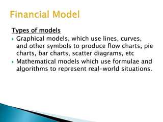 Types of models
 Graphical models, which use lines, curves,
and other symbols to produce flow charts, pie
charts, bar charts, scatter diagrams, etc
 Mathematical models which use formulae and
algorithms to represent real-world situations.
 