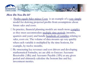 How Do You Do It?
     Profits equals Sales minus Costs is an example of a very simple
    model for deriving projected profits from assumptions about
    future sales and costs.
    In practice, financial planning models are much more complex
    as they must accommodate multiple time periods (months,
    quarters and years) and handle hundreds of variables relating to
    sales, costs etc. The volume of data mounts up very quickly
    when each variable is multiplied by the time horizon, for
    example, by twelve months.
    By structuring key revenues and cost drivers and developing
    mathematical formulas, we are able to forecast Accounts
    Receivable (ARs) and Accounts Payable (APs) at any given
    period and ultimately calculate the bottom line and key
    investment metrics.
 