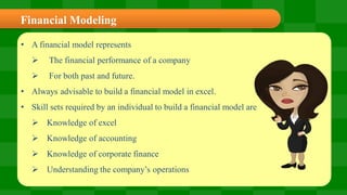 Financial Modeling
• A financial model represents


The financial performance of a company



For both past and future.
...