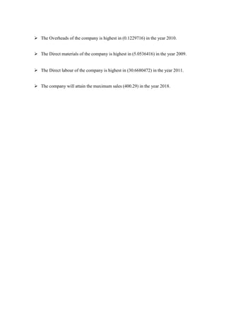 The Overheads of the company is highest in (0.1229716) in the year 2010.
The Direct materials of the company is highest in (5.0536416) in the year 2009.
The Direct labour of the company is highest in (30.6680472) in the year 2011.
The company will attain the maximum sales (400.29) in the year 2018.
 