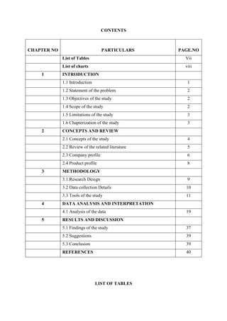CONTENTS
CHAPTER NO PARTICULARS PAGE.NO
List of Tables Vii
List of charts viii
1 INTRODUCTION
1.1 Introduction 1
1.2 Statement of the problem 2
1.3 Objectives of the study 2
1.4 Scope of the study 2
1.5 Limitations of the study 3
1.6 Chapterization of the study 3
2 CONCEPTS AND REVIEW
2.1 Concepts of the study 4
2.2 Review of the related literature 5
2.3 Company profile 6
2.4 Product profile 8
3 METHODOLOGY
3.1 Research Design 9
3.2 Data collection Details 10
3.3 Tools of the study 11
4 DATA ANALYSIS AND INTERPRETATION
4.1 Analysis of the data 19
5 RESULTS AND DISCUSSION
5.1 Findings of the study 37
5.2 Suggestions 39
5.3 Conclusion 39
REFERENCES 40
LIST OF TABLES
 