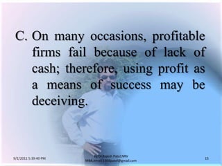 9/3/2011 6:04:59 AM15by Dr.RajeshPatel,NRV MBA,email:1966patel@gmail.comC.	On many occasions, profitable firms fail because of lack of cash; therefore, using profit as a means of success may be deceiving.