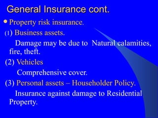General Insurance cont. Property risk insurance . (1 )  Business assets . Damage may be due to  Natural calamities, fire, theft. (2)  Vehicles Comprehensive cover. (3)  Personal assets – Householder Policy. Insurance against damage to Residential Property. 