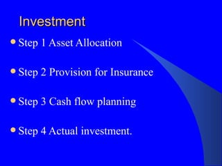 Investment Step 1 Asset Allocation Step 2 Provision for Insurance Step 3 Cash flow planning Step 4 Actual investment. 