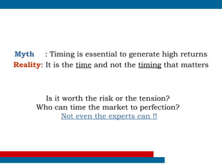 Myth : Timing is essential to generate high returns
Reality: It is the time and not the timing that matters



        Is it worth the risk or the tension?
      Who can time the market to perfection?
              Not even the experts can !!
 