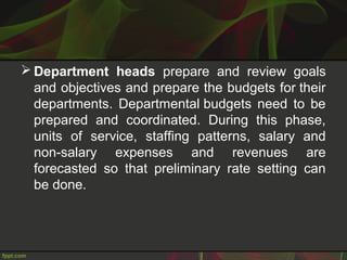  Department heads prepare and review goals
and objectives and prepare the budgets for their
departments. Departmental budgets need to be
prepared and coordinated. During this phase,
units of service, staffing patterns, salary and
non-salary expenses and revenues are
forecasted so that preliminary rate setting can
be done.
 