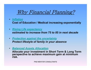 Why Financial Planning?
• Inflation
Cost of Education / Medical increasing exponentially
• Rising Life expectancy
estimated to increase from 75 to 85 in next decade
• Protection against the uncertainty
Protect lifestyle of family in your absence
• Balanced Assets Allocation
Allocate your investment in Short Term & Long Term
perspective to achieve maximum gain at minimum
risk.
PND MENTOR CONSULTANTS
• Inflation
Cost of Education / Medical increasing exponentially
• Rising Life expectancy
estimated to increase from 75 to 85 in next decade
• Protection against the uncertainty
Protect lifestyle of family in your absence
• Balanced Assets Allocation
Allocate your investment in Short Term & Long Term
perspective to achieve maximum gain at minimum
risk.
 