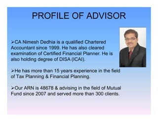 PROFILE OF ADVISOR
CA Nimesh Dedhia is a qualified Chartered
Accountant since 1999. He has also cleared
examination of Certified Financial Planner. He is
also holding degree of DISA (ICAI).
He has more than 15 years experience in the field
of Tax Planning & Financial Planning.
Our ARN is 48678 & advising in the field of Mutual
Fund since 2007 and served more than 300 clients.
CA Nimesh Dedhia is a qualified Chartered
Accountant since 1999. He has also cleared
examination of Certified Financial Planner. He is
also holding degree of DISA (ICAI).
He has more than 15 years experience in the field
of Tax Planning & Financial Planning.
Our ARN is 48678 & advising in the field of Mutual
Fund since 2007 and served more than 300 clients.
 