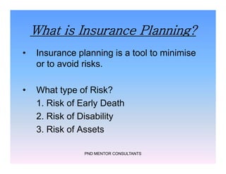 What is Insurance Planning?
• Insurance planning is a tool to minimise
or to avoid risks.
• What type of Risk?
1. Risk of Early Death
2. Risk of Disability
3. Risk of Assets
PND MENTOR CONSULTANTS
• Insurance planning is a tool to minimise
or to avoid risks.
• What type of Risk?
1. Risk of Early Death
2. Risk of Disability
3. Risk of Assets
 