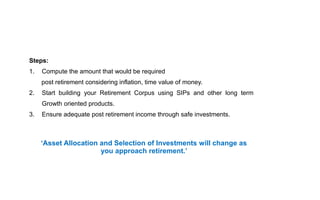 Retirement Planning
Steps:
1. Compute the amount that would be required
post retirement considering inflation, time value of money.
2. Start building your Retirement Corpus using SIPs and other long term
Growth oriented products.
3. Ensure adequate post retirement income through safe investments.
‘Asset Allocation and Selection of Investments will change as
you approach retirement.’
 