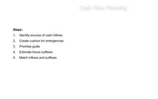 Steps:
1. Identify sources of cash inflows
2. Create cushion for emergencies
3. Prioritise goals
4. Estimate future outflows
5. Match inflows and outflows
 