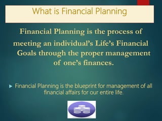 What is Financial Planning
Financial Planning is the process of
meeting an individual’s Life’s Financial
Goals through the proper management
of one’s finances.
 Financial Planning is the blueprint for management of all
financial affairs for our entire life.
 