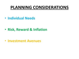 PLANNING CONSIDERATIONS
• Individual Needs
• Risk, Reward & Inflation
• Investment Avenues
 