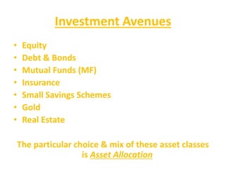 Investment Avenues
• Equity
• Debt & Bonds
• Mutual Funds (MF)
• Insurance
• Small Savings Schemes
• Gold
• Real Estate
The particular choice & mix of these asset classes
is Asset Allocation
 