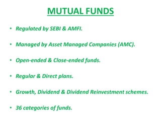 MUTUAL FUNDS
• Regulated by SEBI & AMFI.
• Managed by Asset Managed Companies (AMC).
• Open-ended & Close-ended funds.
• Regular & Direct plans.
• Growth, Dividend & Dividend Reinvestment schemes.
• 36 categories of funds.
 