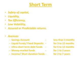 Short Term
• Safety of capital,
• Liquidity,
• Tax Efficiency,
• Low Volatility,
• Assured or Predictable returns.
• Avenues
– Savings Account - less than 3 months
– Liquid Funds/ Fixed Deposits - for 3 to 12 months
– Ultra-short term debt funds - for 6 to 12 months
– Money-market funds - for 1 to 2 years
– Income/ Short duration funds - for 2 to 7 years
 