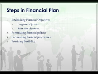 1. Establishing Financial Objectives
i. Long term objectives.
ii. Short term objectives.
2. Formulating financial policies
3. Formulating financial procedures
4. Providing flexibility
Steps in Financial Plan
 