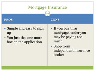 PROS CONS
 Simple and easy to sign
up
 You just tick one more
box on the application
 If you buy thru
mortgage lender you
may be paying too
much
 Shop from
independent insurance
broker
20
Mortgage Insurance
 