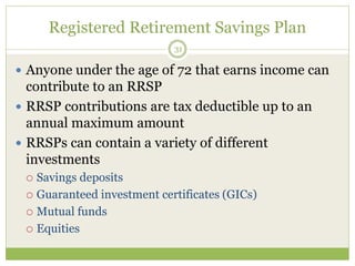 Registered Retirement Savings Plan
31
 Anyone under the age of 72 that earns income can
contribute to an RRSP
 RRSP contributions are tax deductible up to an
annual maximum amount
 RRSPs can contain a variety of different
investments
 Savings deposits
 Guaranteed investment certificates (GICs)
 Mutual funds
 Equities
 