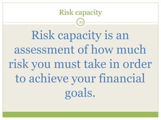 Risk capacity
39
Risk capacity is an
assessment of how much
risk you must take in order
to achieve your financial
goals.
 