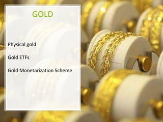 GOLD
Physical gold
Gold ETFs
Gold Monetarization Scheme
 