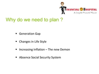 Why do we need to plan ?
 Generation Gap
 Changes in Life Style
 Increasing Inflation – The new Demon
 Absence Social Security System
 