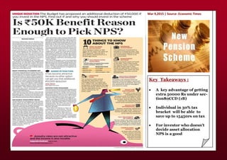 Key Takeaways :
 A key advantage of getting
extra 50000 Rs under sec-
tion80CCD (1B)
 Individual in 30% tax
bracket will be able to
save up to 15450rs on tax
 For investor who doesn't
decide asset allocation
NPS is a good
Mar 9, 5 | Source :Eco o ic Ti es
 