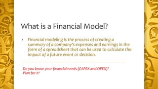 What is a Financial Model?
Do you know your financial needs (CAPEX and OPEX)?
Plan for it!
• Financial modeling is the pro...