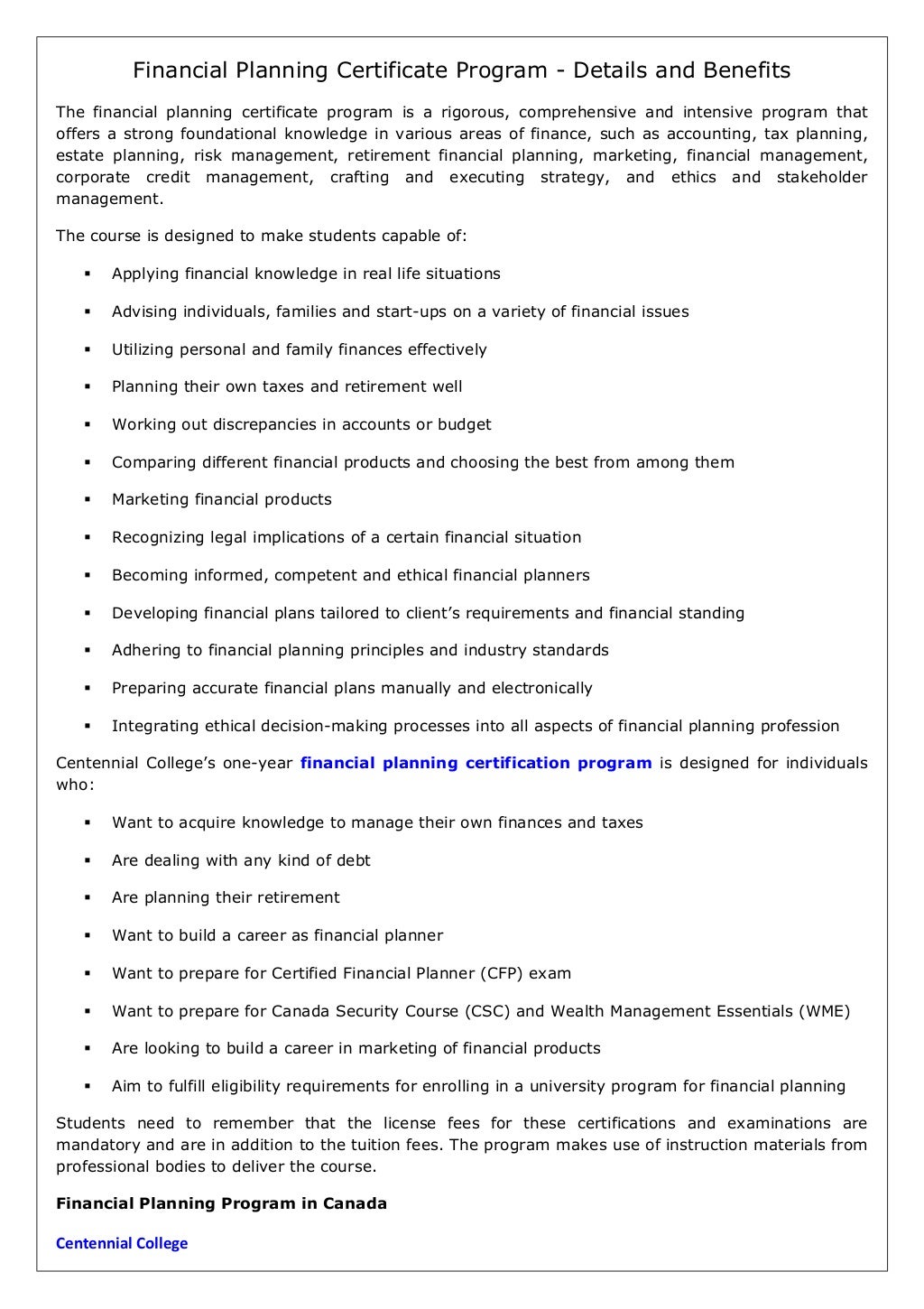 Financial planning certificate program details and benefits