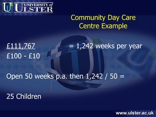 Community Day Care Centre Example £111,767 = 1,242 weeks per year £100 - £10 Open 50 weeks p.a. then 1,242 / 50 =  25 Children 
