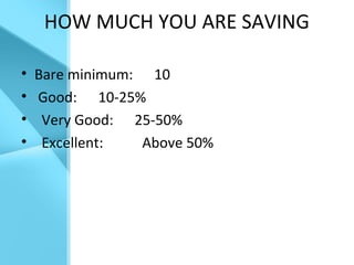 HOW MUCH YOU ARE SAVING
• Bare minimum: 10
• Good: 10-25%
• Very Good: 25-50%
• Excellent: Above 50%
 