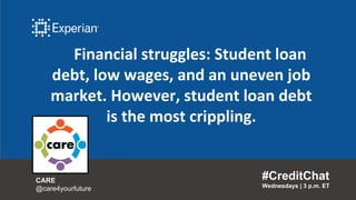 Financial struggles: Student loan
debt, low wages, and an uneven job
market. However, student loan debt
is the most crippling.
#CreditChat
Wednesdays | 3 p.m. ET
CARE
@care4yourfuture
 