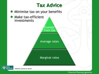 Tax Advice Minimise tax on your benefits   Make tax-efficient  investments Exempt from tax Average rates Marginal rates 