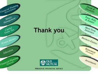 Thank you Financial Planning  (Retrenchment) Money Management Capital Gains Tax Women Market Education Death & Disability Short Term Insurance Business Entities Investments Retirement  (Personal) Financial Planning  (General) Trust, Wills & Estates 