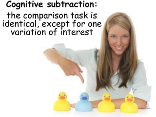 Cognitive subtraction:
 the comparison task is
identical, except for one
  variation of interest
 