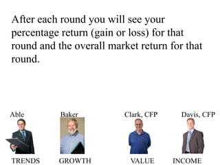After each round you will see your
percentage return (gain or loss) for that
round and the overall market return for that
...