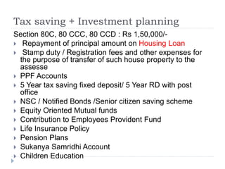 Tax saving + Investment planning
Section 80C, 80 CCC, 80 CCD : Rs 1,50,000/-
 Repayment of principal amount on Housing Loan
 Stamp duty / Registration fees and other expenses for
the purpose of transfer of such house property to the
assesse
 PPF Accounts
 5 Year tax saving fixed deposit/ 5 Year RD with post
office
 NSC / Notified Bonds /Senior citizen saving scheme
 Equity Oriented Mutual funds
 Contribution to Employees Provident Fund
 Life Insurance Policy
 Pension Plans
 Sukanya Samridhi Account
 Children Education
 