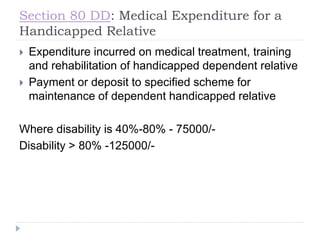Section 80 DD: Medical Expenditure for a
Handicapped Relative
 Expenditure incurred on medical treatment, training
and rehabilitation of handicapped dependent relative
 Payment or deposit to specified scheme for
maintenance of dependent handicapped relative
Where disability is 40%-80% - 75000/-
Disability > 80% -125000/-
 