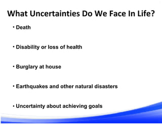 What Uncertainties Do We Face In Life?
29 31
• Death
• Disability or loss of health
• Burglary at house
• Earthquakes and ...