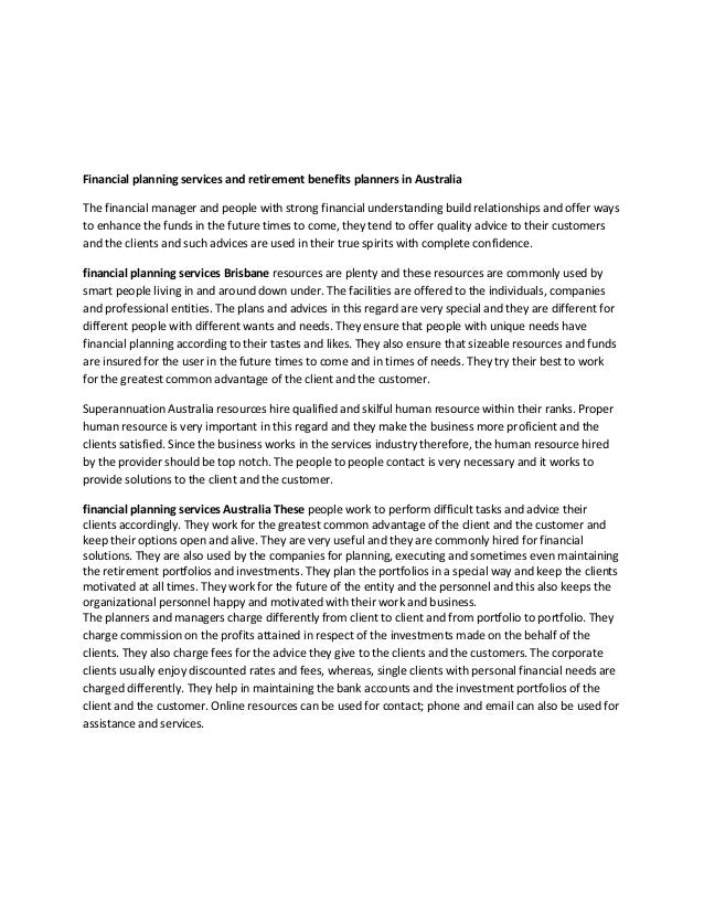 Financial planning services and retirement benefits planners in australia