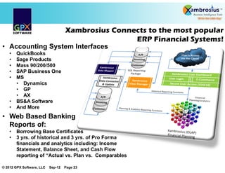 Xambrosius Connects to the most popular
                                                    ERP Financial Systems!
• Accounting System Interfaces
    •   QuickBooks
    •   Sage Products
    •   Mass 90/200/500
    •   SAP Business One
    •   MS
        • Dynamics
        • GP
        • AX
    •   BS&A Software
    •   And More
• Web Based Banking
  Reports of:
    •   Borrowing Base Certificates
    •   3 yrs. of historical and 3 yrs. of Pro Forma
        financials and analytics including: Income
        Statement, Balance Sheet, and Cash Flow
        reporting of “Actual vs. Plan vs. Comparables

© 2012 GPX Software, LLC   Sep-12   Page 23
 
