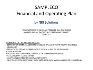 SAMPLECOFinancial and Operating PlanFRAMEWORKS AND ANALYSES ARE PRODUCED ON A CASE BY CASEBASIS AND AND ARE TAILORED TO THE PARTICULAR COMPANYOF INTEREST by NRI Solutions HIGHLIGHTS OF THIS ANALYSIS INCLUDE ,[object Object]
