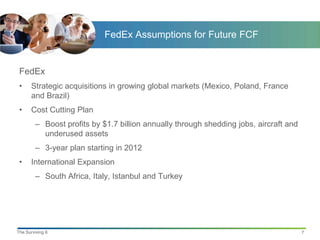 FedEx Assumptions for Future FCF


 FedEx
 •    Strategic acquisitions in growing global markets (Mexico, Poland, France
      and Brazil)
 •    Cost Cutting Plan
        – Boost profits by $1.7 billion annually through shedding jobs, aircraft and
          underused assets
        – 3-year plan starting in 2012
 •    International Expansion
        – South Africa, Italy, Istanbul and Turkey




The Surviving 6                                                                        7
 